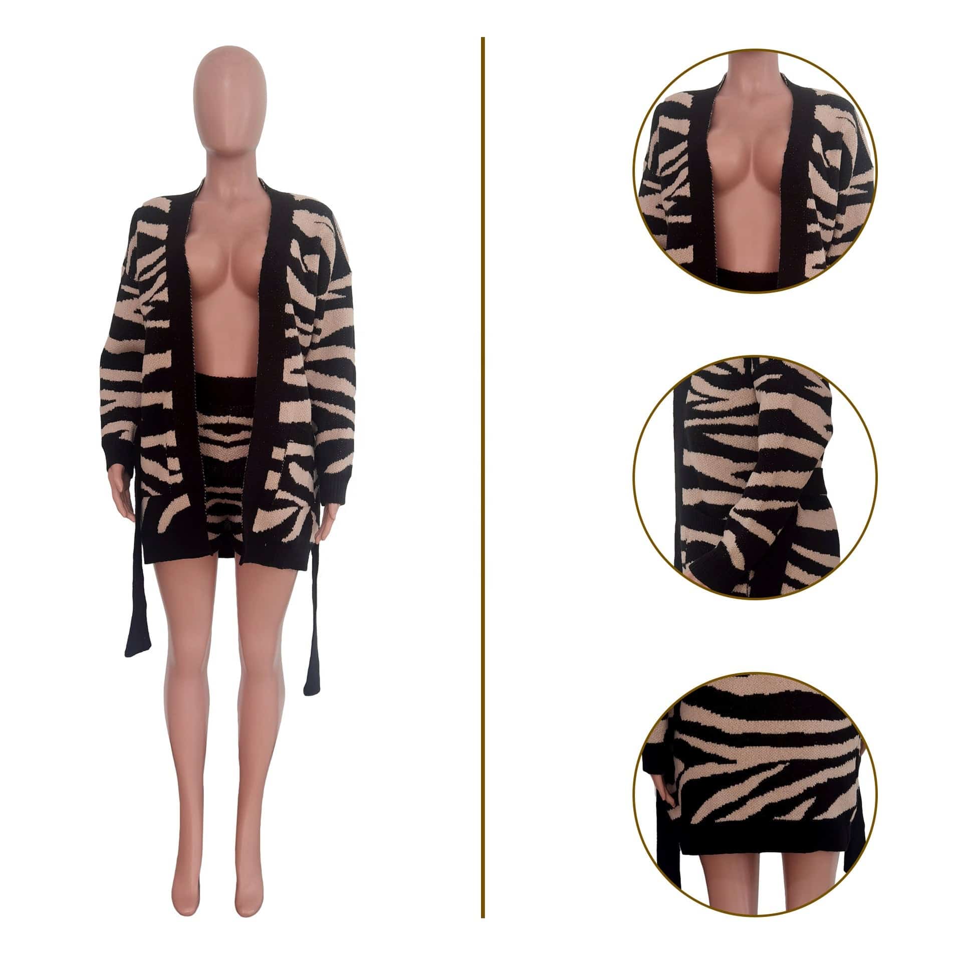Fall winter animal print lady casual matching sweater cardigan 2 piece short set two piece knit set women clothing