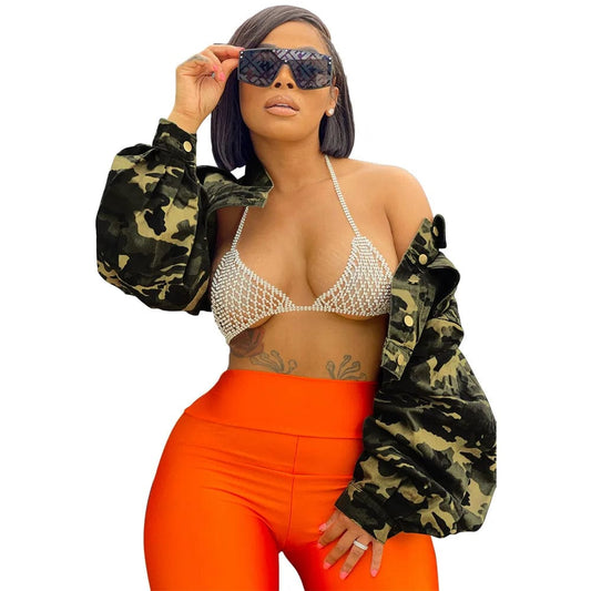 Fall Winter Camouflage Cropped Jacket Woman Puff Sleeve Streetwear Coat Fashion Plus Size Camo Jackets for Ladies
