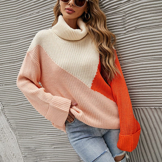 Fall/Winter contrast knitwear loose oversize lapel women casual pullover sweater