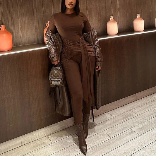 Fall Winter Fashion Casual Long Sleeve Plain Bodycon Sexy Lady Crossed Belt Romper Playsuits Jumpsuit Women