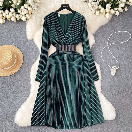 Fall Winter Fashion High-End Elegant Waist Drop Sequin Velvet Dress
