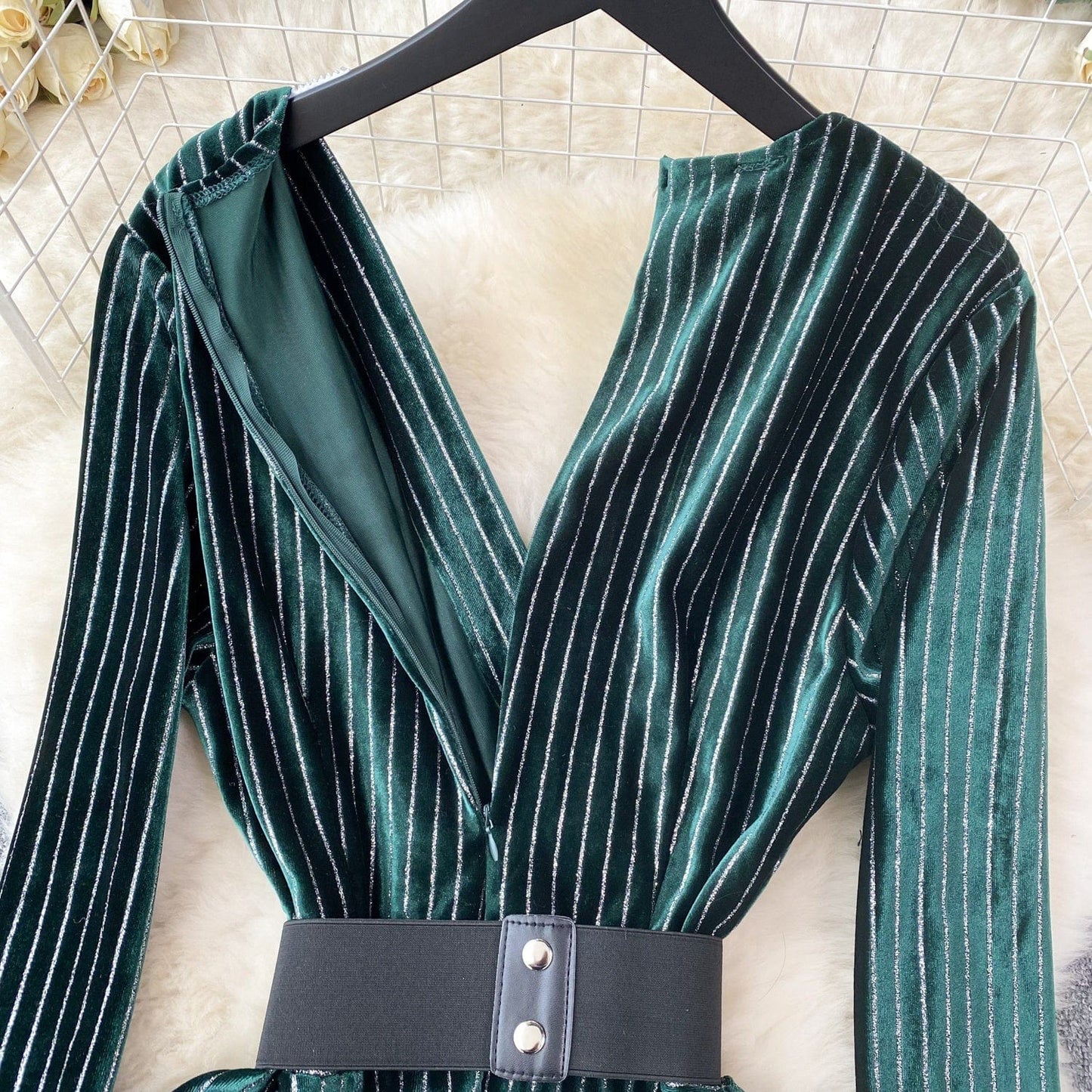 Fall Winter Fashion High-End Elegant Waist Drop Sequin Velvet Dress