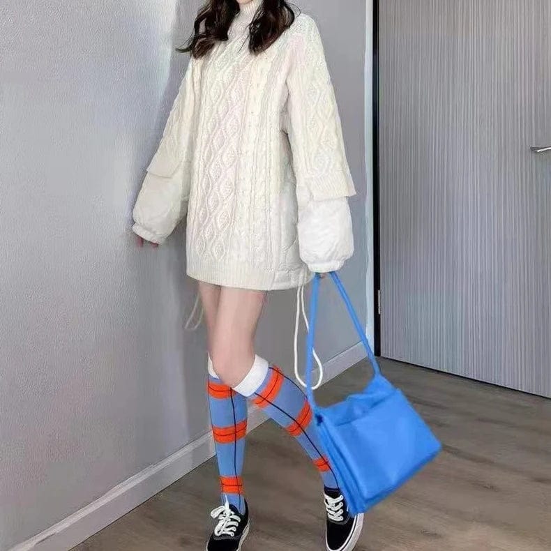 Fall winter fashion ladies patchwork knitted top casual side drawstring high neck pullover sweater women