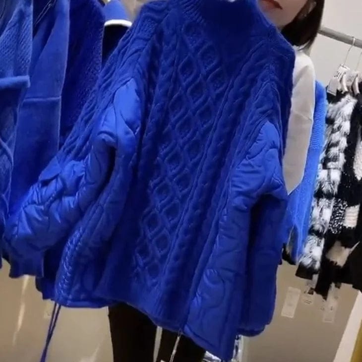 Fall winter fashion ladies patchwork knitted top casual side drawstring high neck pullover sweater women