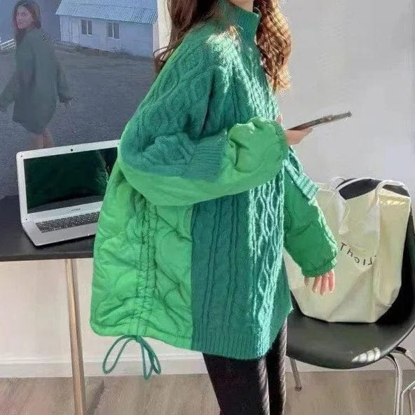 Fall winter fashion ladies patchwork knitted top casual side drawstring high neck pullover sweater women