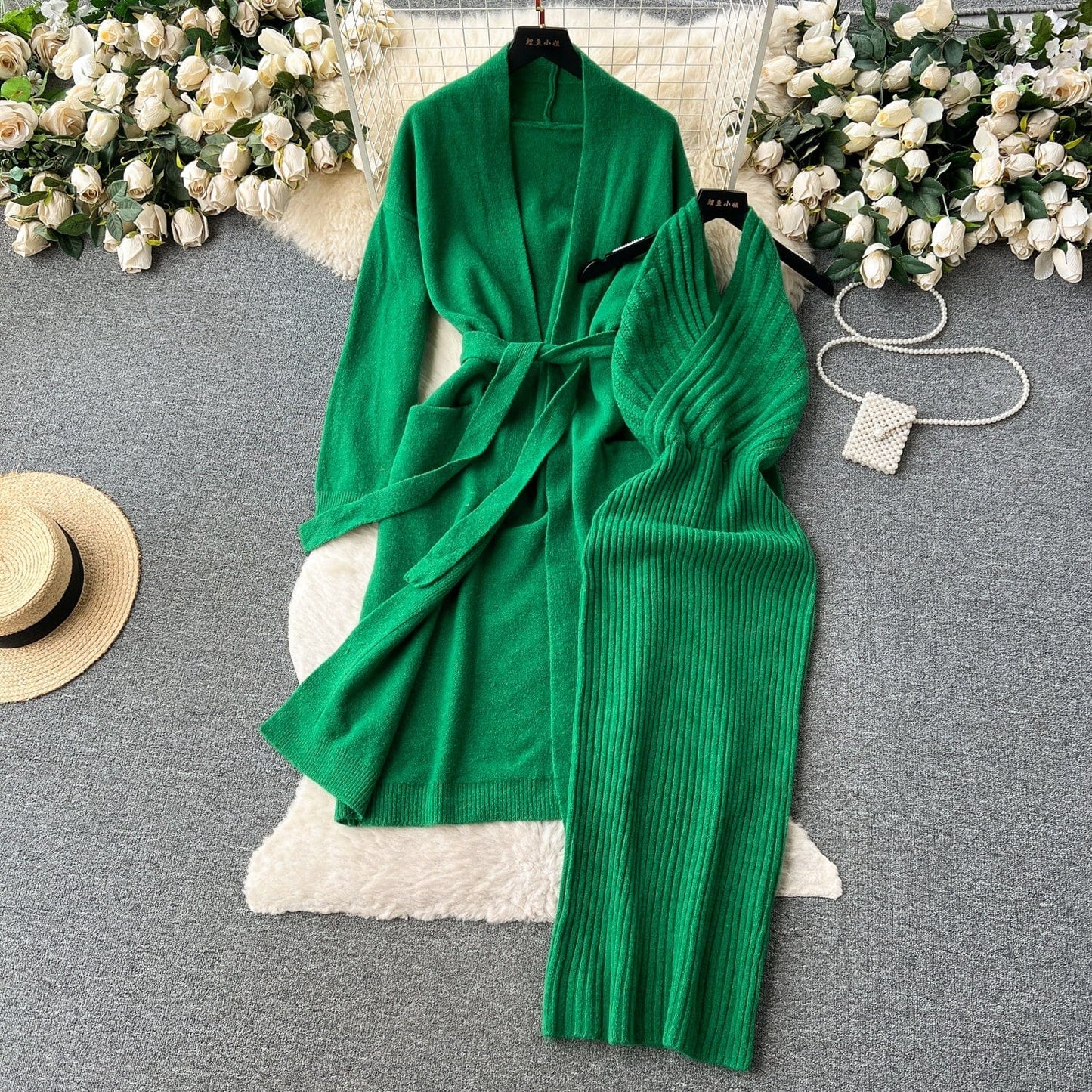 Fall Winter High-Grade Loose Binding Waist knit Cardigan Coat + Slim Halter Dress Two-Piece Set