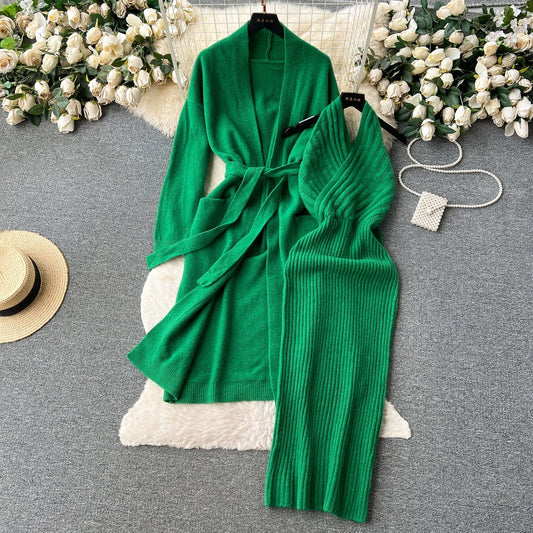 Fall Winter High-Grade Loose Binding Waist knit Cardigan Coat + Slim Halter Dress Two-Piece Set