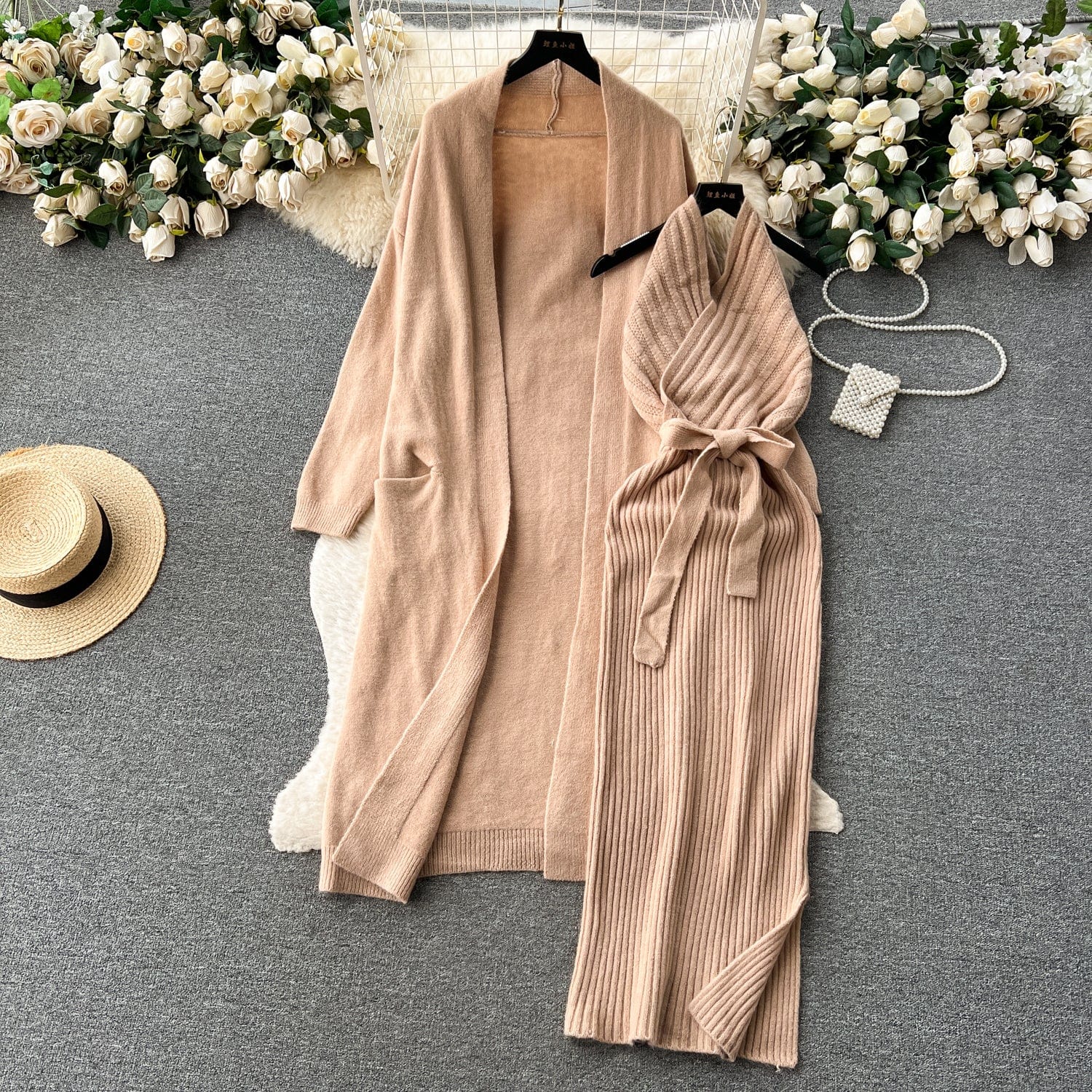 Fall Winter High-Grade Loose Binding Waist knit Cardigan Coat + Slim Halter Dress Two-Piece Set