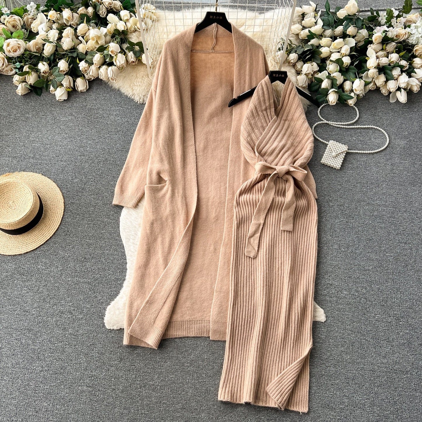 Fall Winter High-Grade Loose Binding Waist knit Cardigan Coat + Slim Halter Dress Two-Piece Set