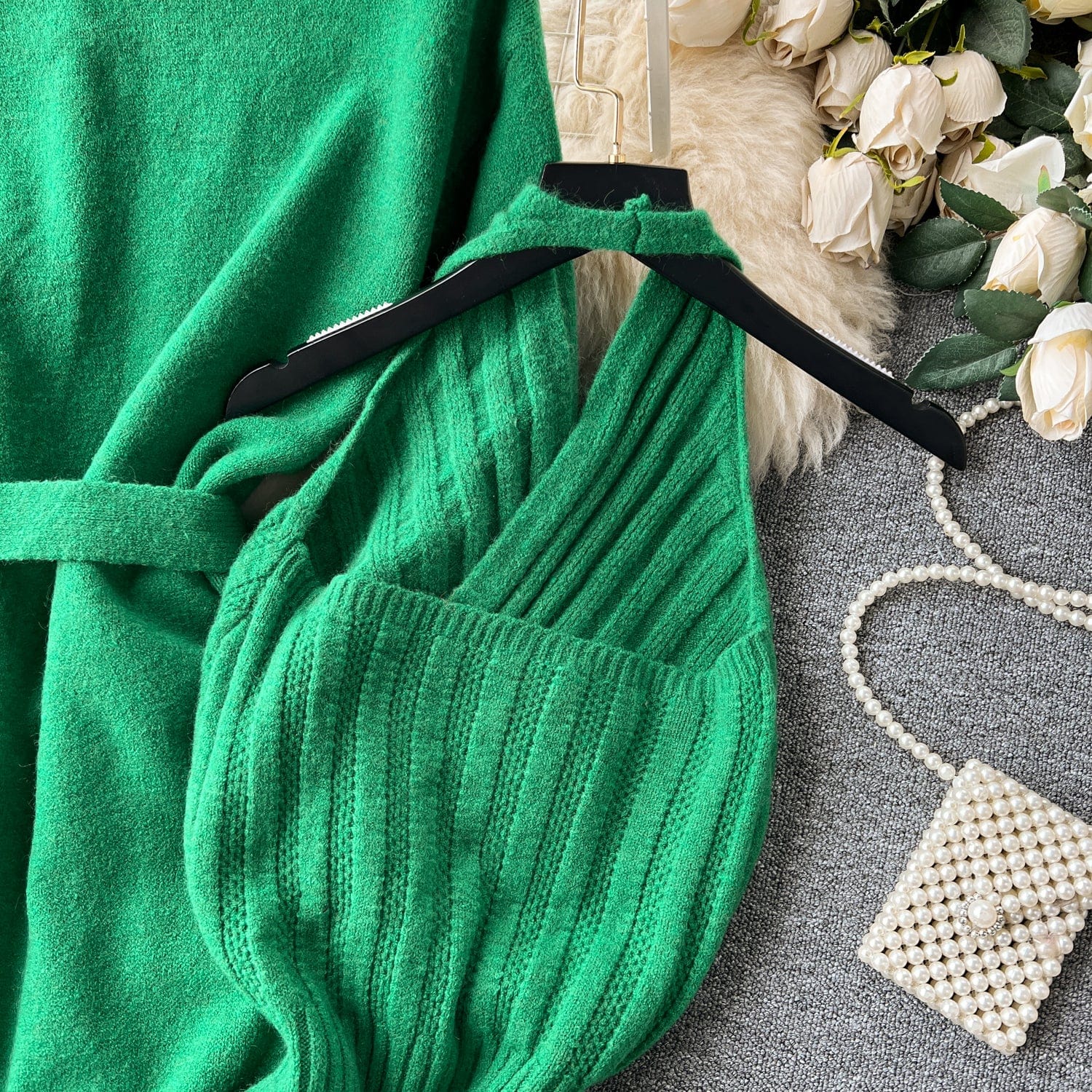 Fall Winter High-Grade Loose Binding Waist knit Cardigan Coat + Slim Halter Dress Two-Piece Set