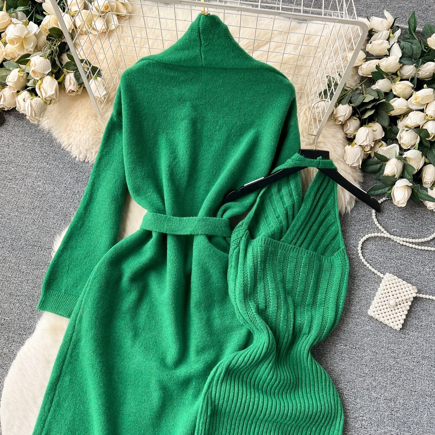 Fall Winter High-Grade Loose Binding Waist knit Cardigan Coat + Slim Halter Dress Two-Piece Set