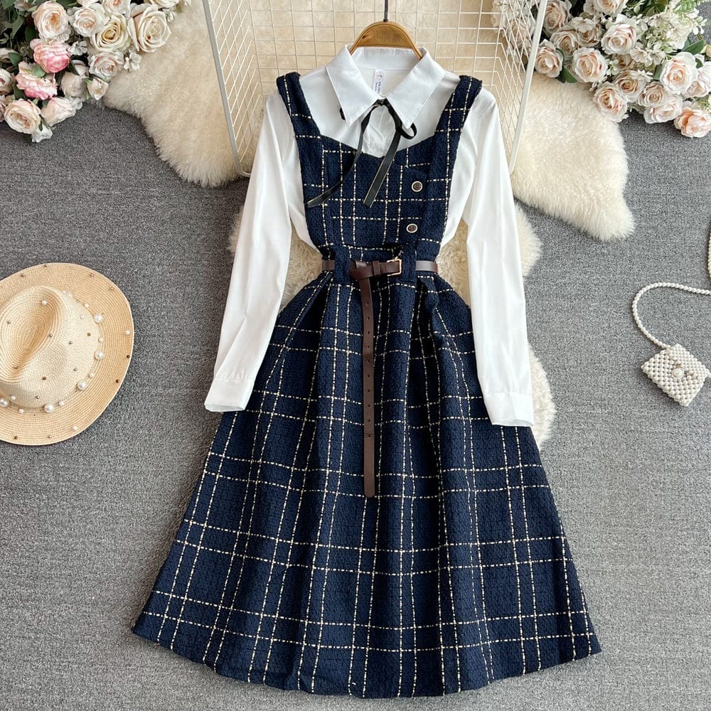 Fall Winter Korean Version Age-Reducing Sweet White Shirt Two-Piece Set Medium Length A-Word Tweed Dress
