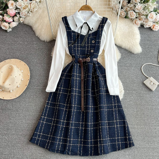 Fall Winter Korean Version Age-Reducing Sweet White Shirt Two-Piece Set Medium Length A-Word Tweed Dress