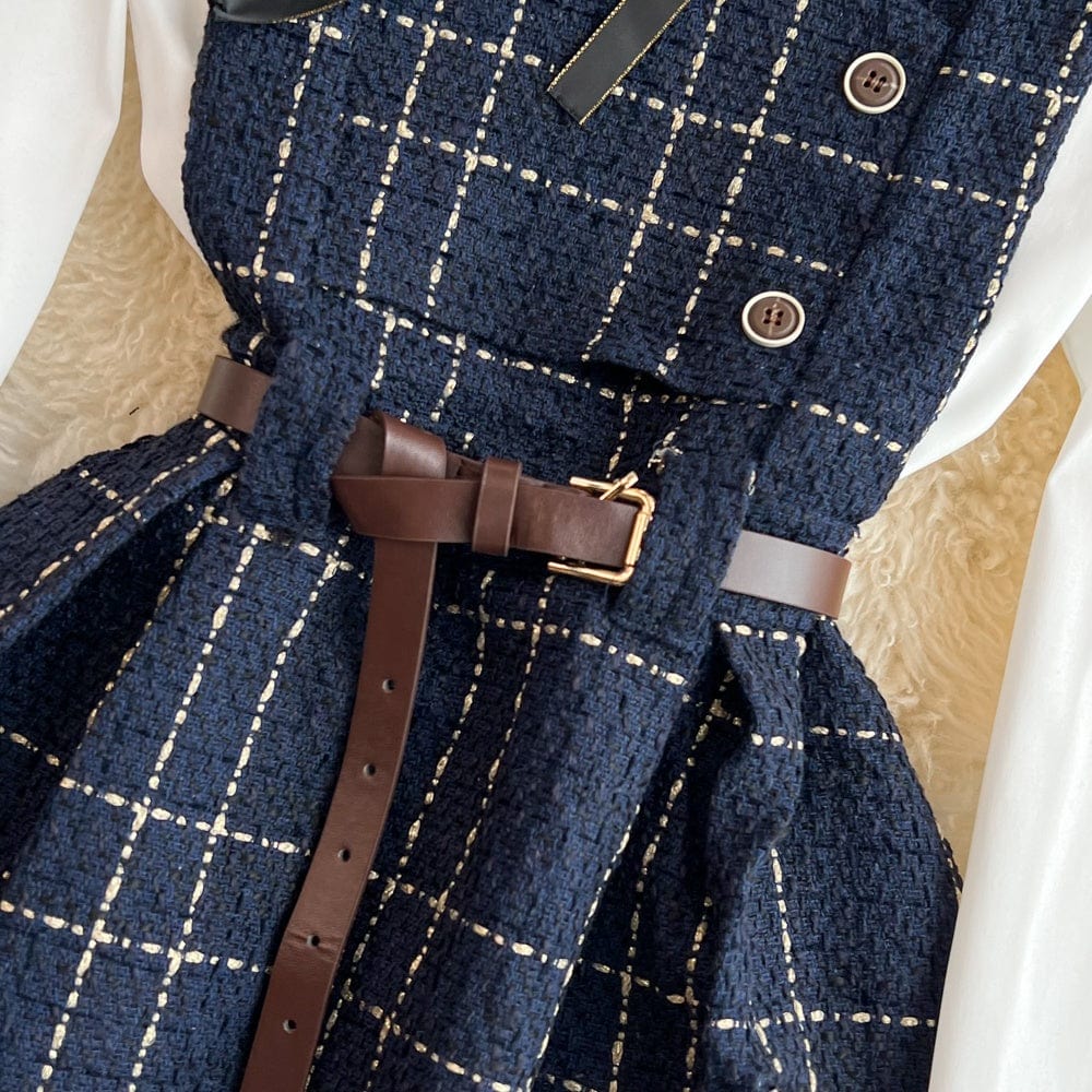 Fall Winter Korean Version Age-Reducing Sweet White Shirt Two-Piece Set Medium Length A-Word Tweed Dress