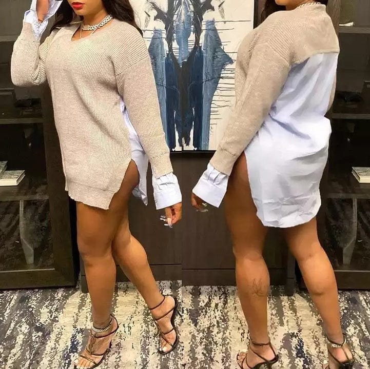 Fall winter ladies elegant V neck loose oversized sweater blank patchwork blouse women pullover knitted sweater