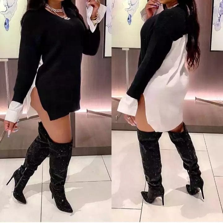 Fall winter ladies elegant V neck loose oversized sweater blank patchwork blouse women pullover knitted sweater