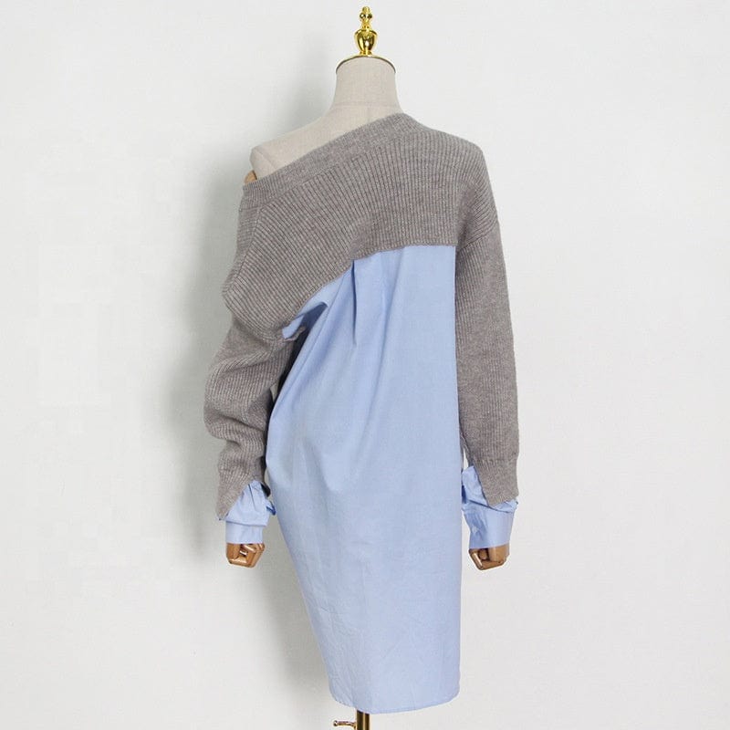 Fall winter ladies elegant V neck loose oversized sweater blank patchwork blouse women pullover knitted sweater