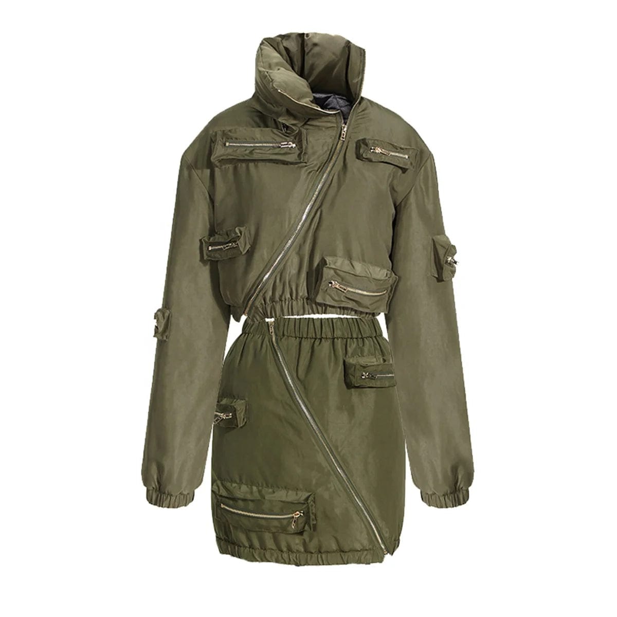 Fall Winter Ladies Zipper Crop Puffer Coat Jacket With Mini Cargo Skirts Sets Women Sexy 2 Piece Outfit