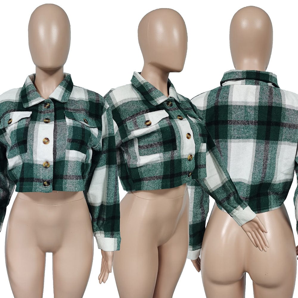 Fall Winter Long Sleeve Single Breasted Plaid Flannel Jacket Short Coats Casual Shirt Coats For Women