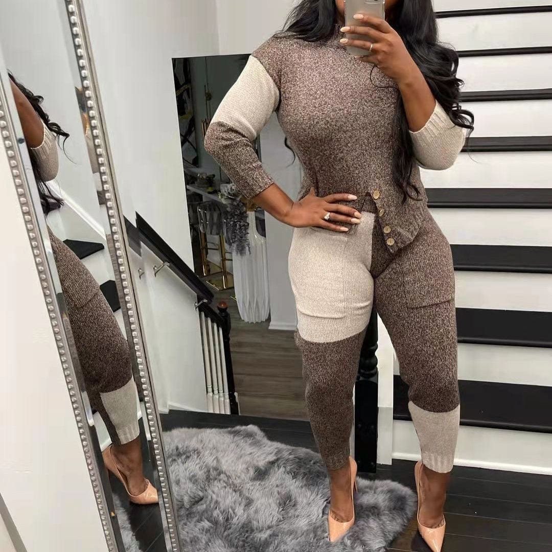 Fall winter patchwork color block pullover sweater pant set casual tight women knitted sweater two piece set