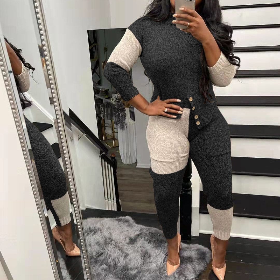 Fall winter patchwork color block pullover sweater pant set casual tight women knitted sweater two piece set
