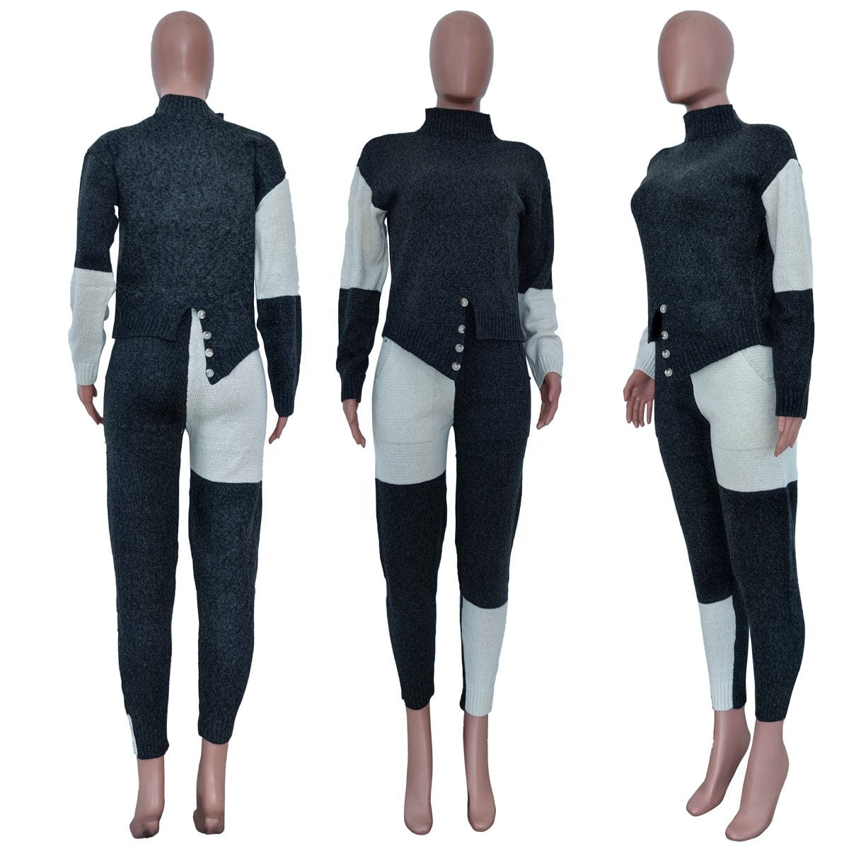 Fall winter patchwork color block pullover sweater pant set casual tight women knitted sweater two piece set