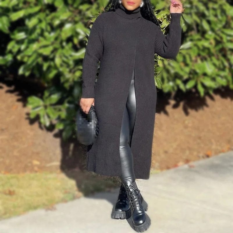 Fall Winter Trendy Fashionable Ladies Casual Turtleneck Pullover Woman Tops Long Split Knit Womens Sweaters