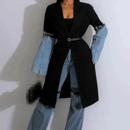 Fall Winter Unique Lady Patchwork Denim Trench Coat Belt Ladies Elegant Blazer Long Jacket For Women