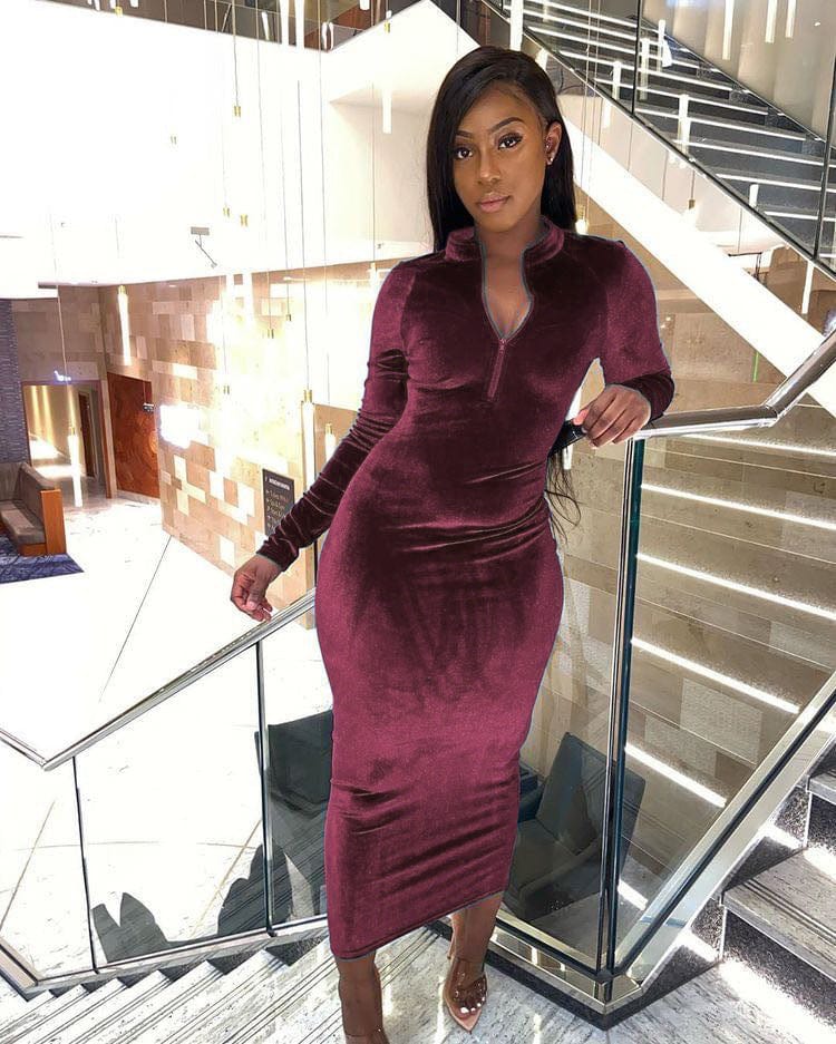 Fall Winter Velour Long Sleeve Solid Shirt Dress Bodycon Velvet Dress Women