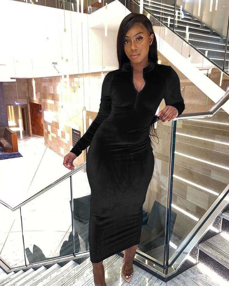 Fall Winter Velour Long Sleeve Solid Shirt Dress Bodycon Velvet Dress Women