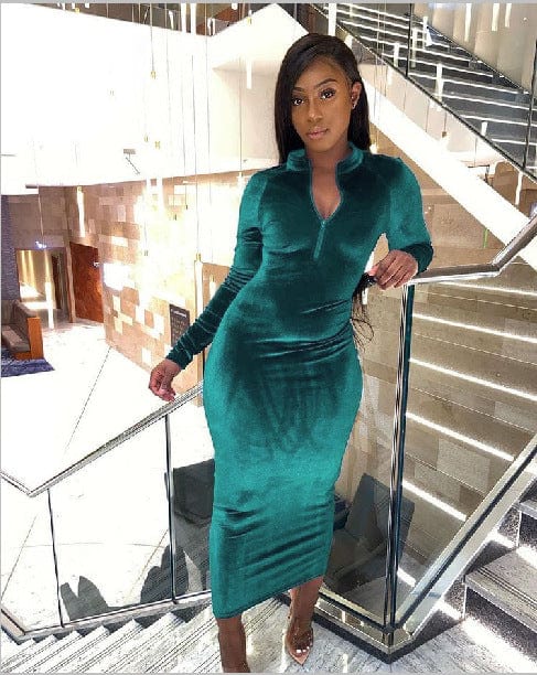 Fall Winter Velour Long Sleeve Solid Shirt Dress Bodycon Velvet Dress Women