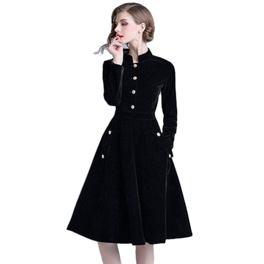 Fall/Winter velvet retro stand-up collar large swing dress Slim long sleeve dress TA307088