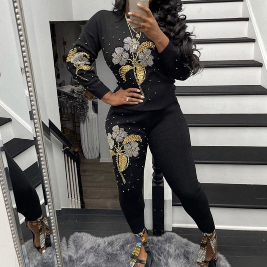 Fall winter vintage ladies casual sweater and jogger set beaded floral knitted sets women two piece sweater set for women
