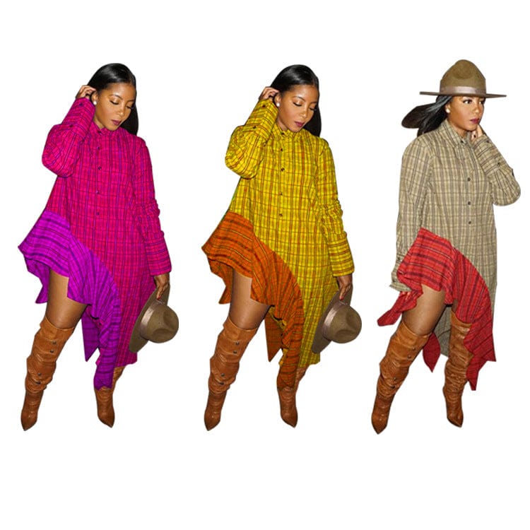 Fall Women Clothes Casual Plaid Irregular Loose Long Dress Shirt Dress