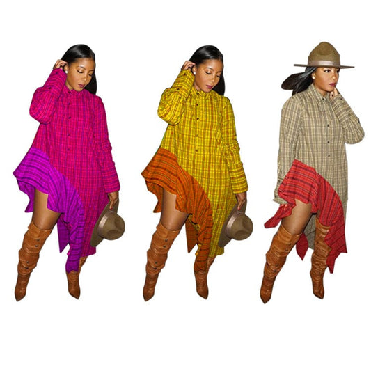 Fall Women Clothes Casual Plaid Irregular Loose Long Dress Shirt Dress