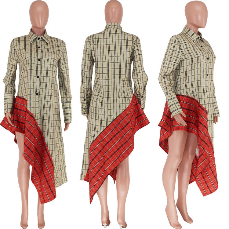 Fall Women Clothes Casual Plaid Irregular Loose Long Dress Shirt Dress
