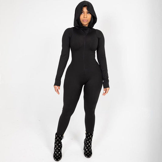 Fall Women Clothing One Piece Solid Color Long Sleeve Zipper Hooded Jumpsuit Women