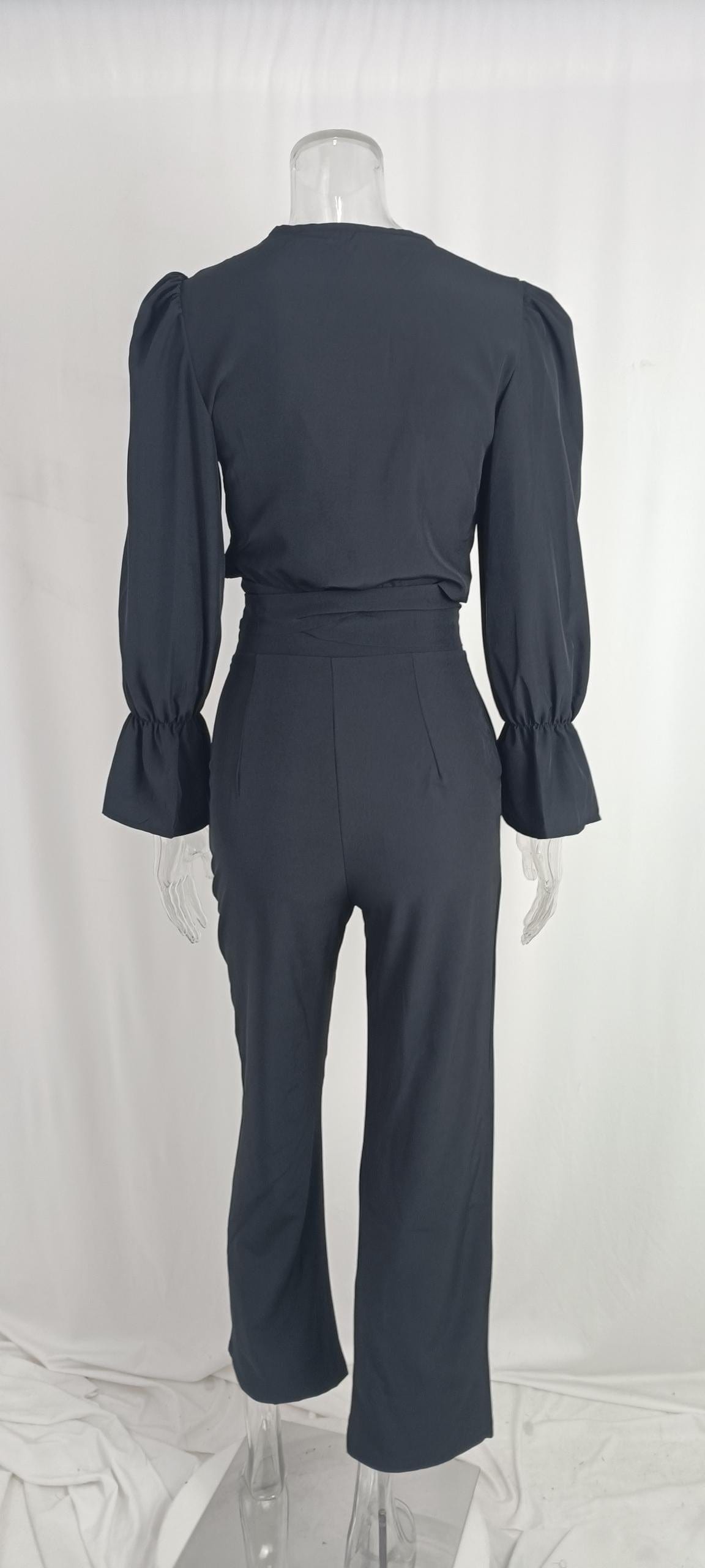 Fall Women's Two-piece Flared Sleeves V-neck Lace-up Top And Trousers Fashion Casual Suit