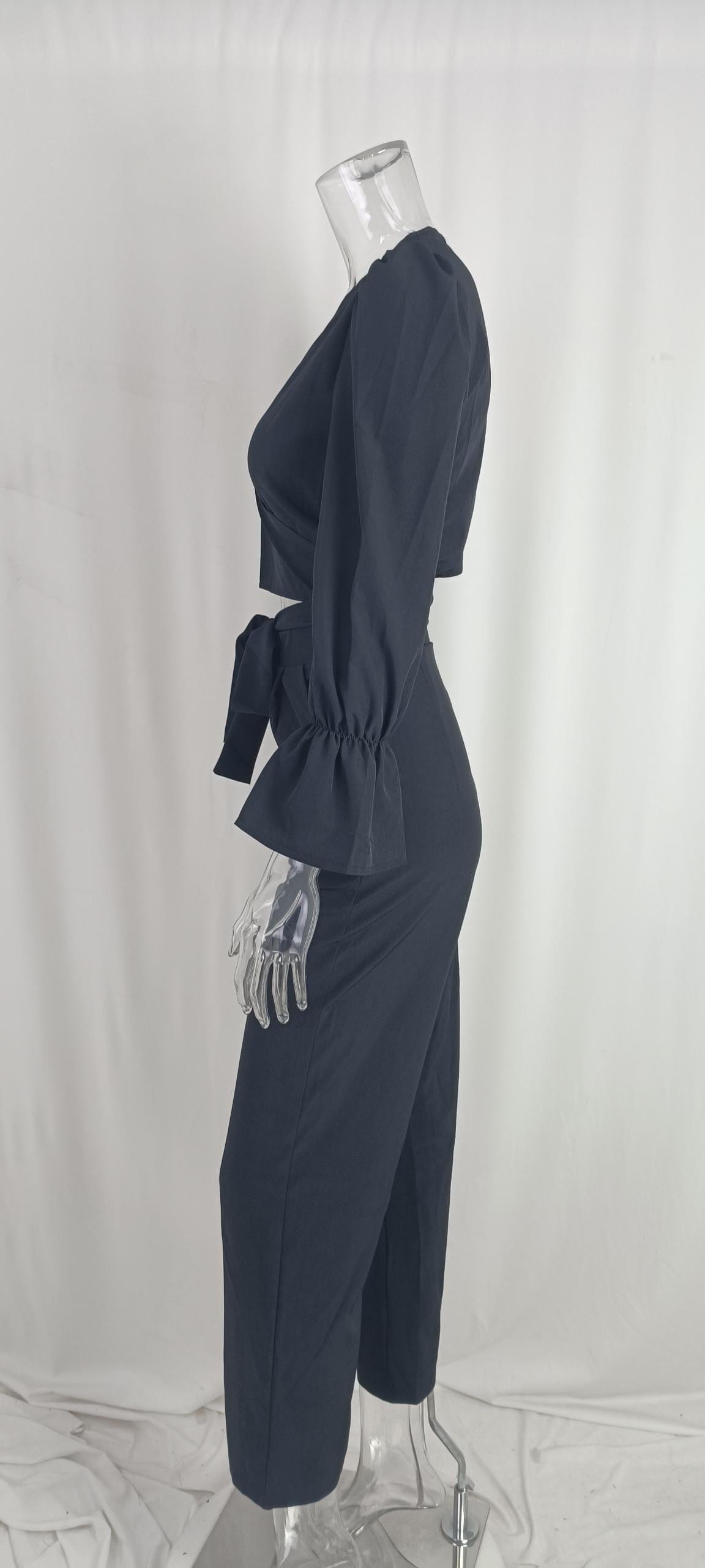 Fall Women's Two-piece Flared Sleeves V-neck Lace-up Top And Trousers Fashion Casual Suit