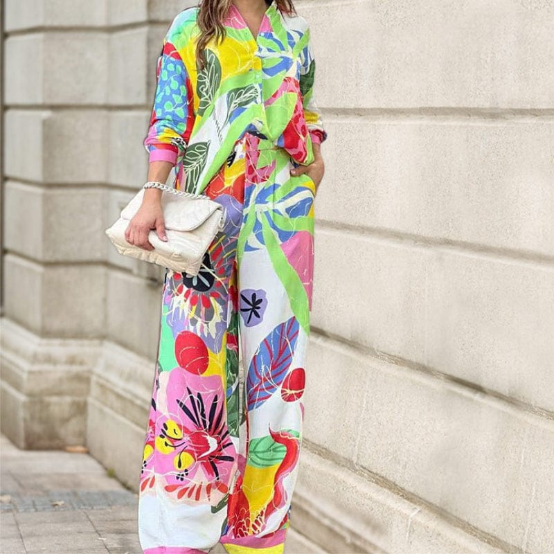 fall womens clothing match casual Temperament commuter long sleeve loose shirt high waisted wide leg pants two piece ladies sets