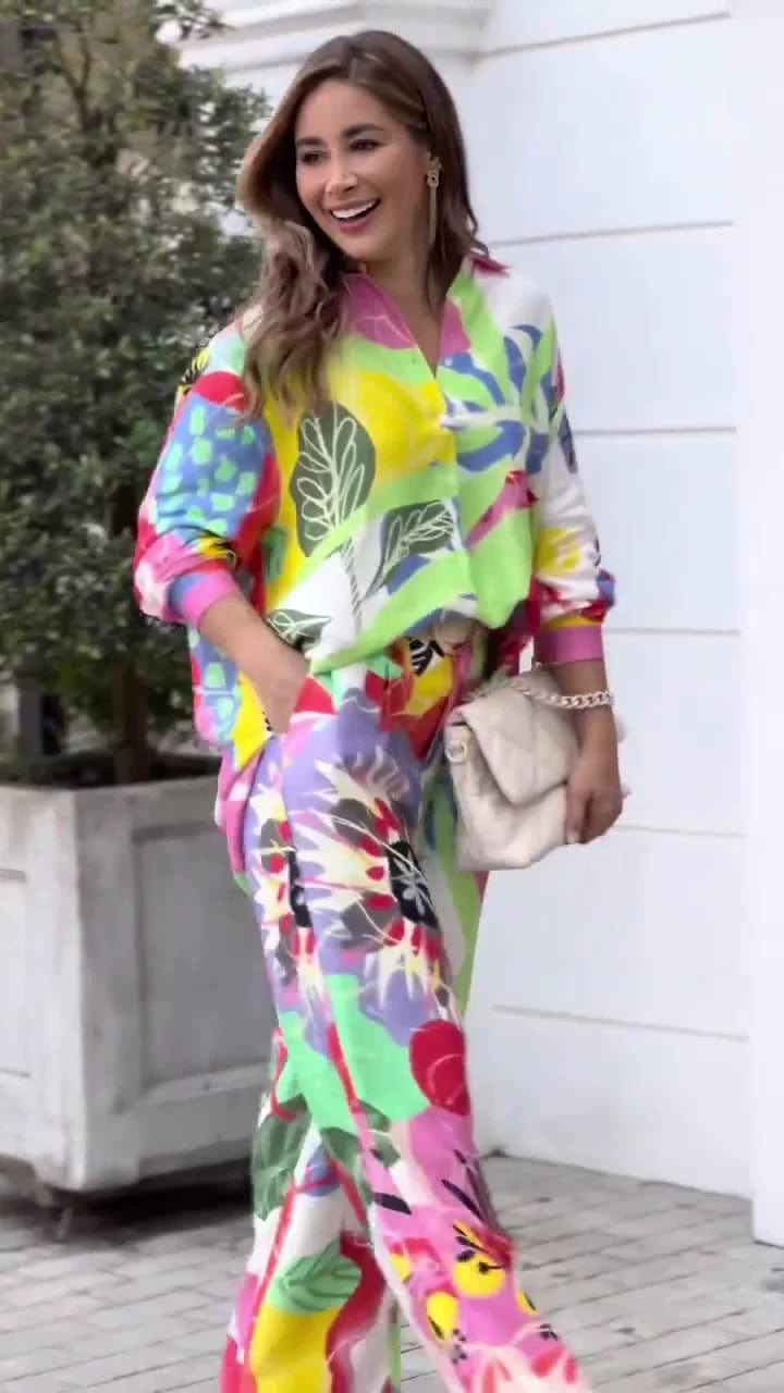 fall womens clothing match casual Temperament commuter long sleeve loose shirt high waisted wide leg pants two piece ladies sets