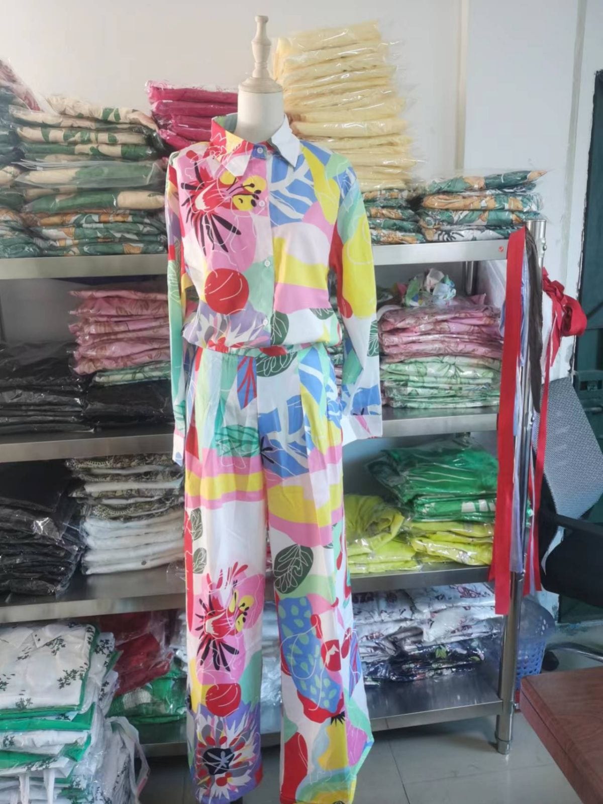 fall womens clothing match casual Temperament commuter long sleeve loose shirt high waisted wide leg pants two piece ladies sets