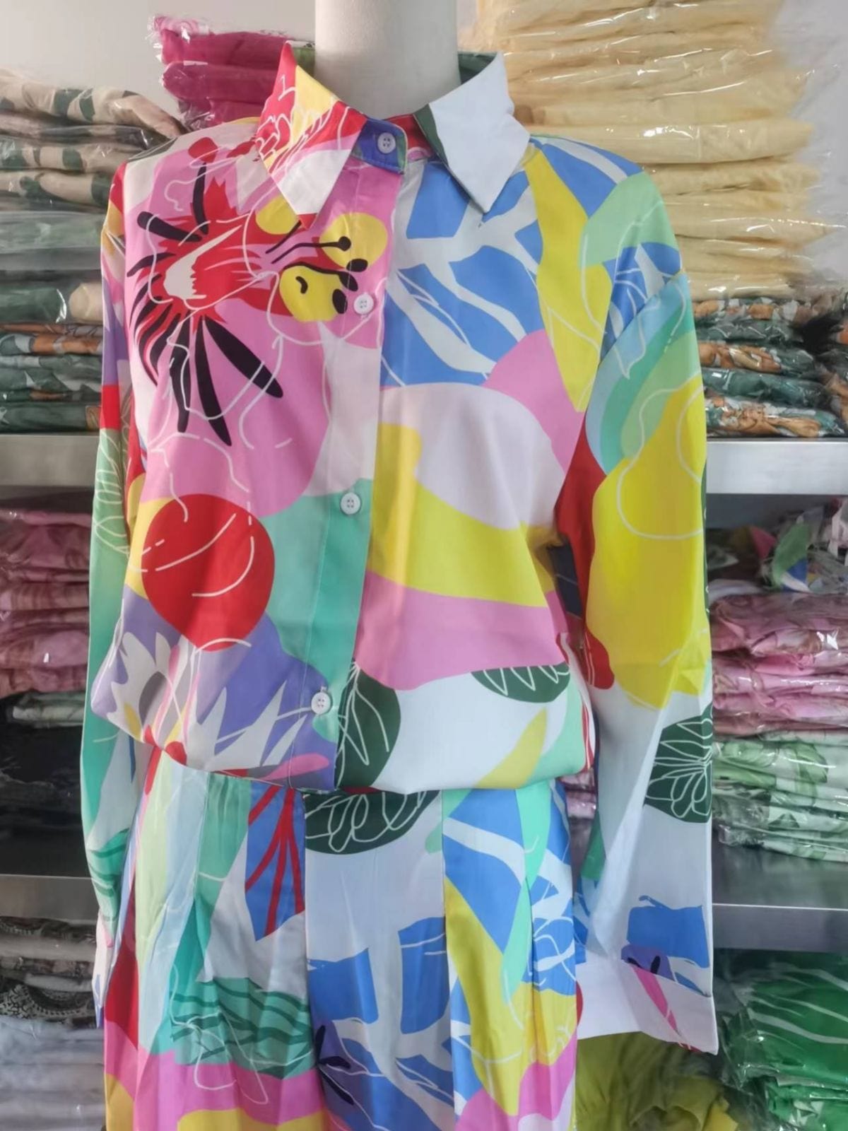 fall womens clothing match casual Temperament commuter long sleeve loose shirt high waisted wide leg pants two piece ladies sets