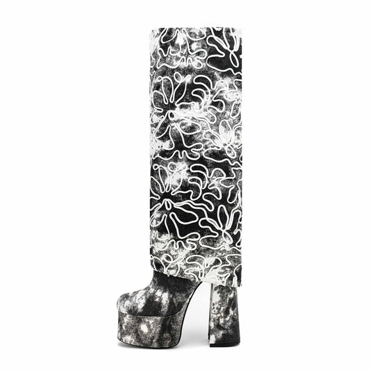 Famous Brand Luxury Diamond Party Shoes For Lady High Heels Denim Boots Square Toe Wide Calf Women Knee High Boots