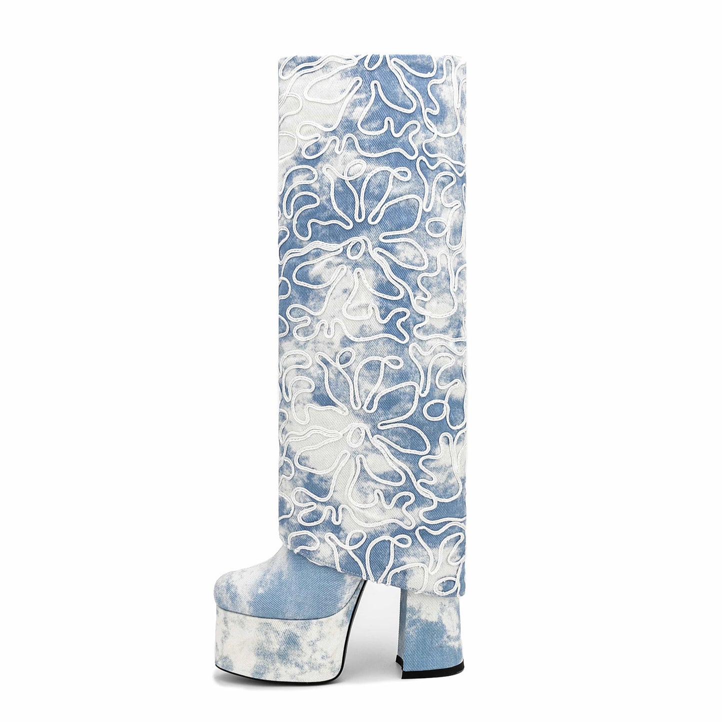 Famous Brand Luxury Diamond Party Shoes For Lady High Heels Denim Boots Square Toe Wide Calf Women Knee High Boots