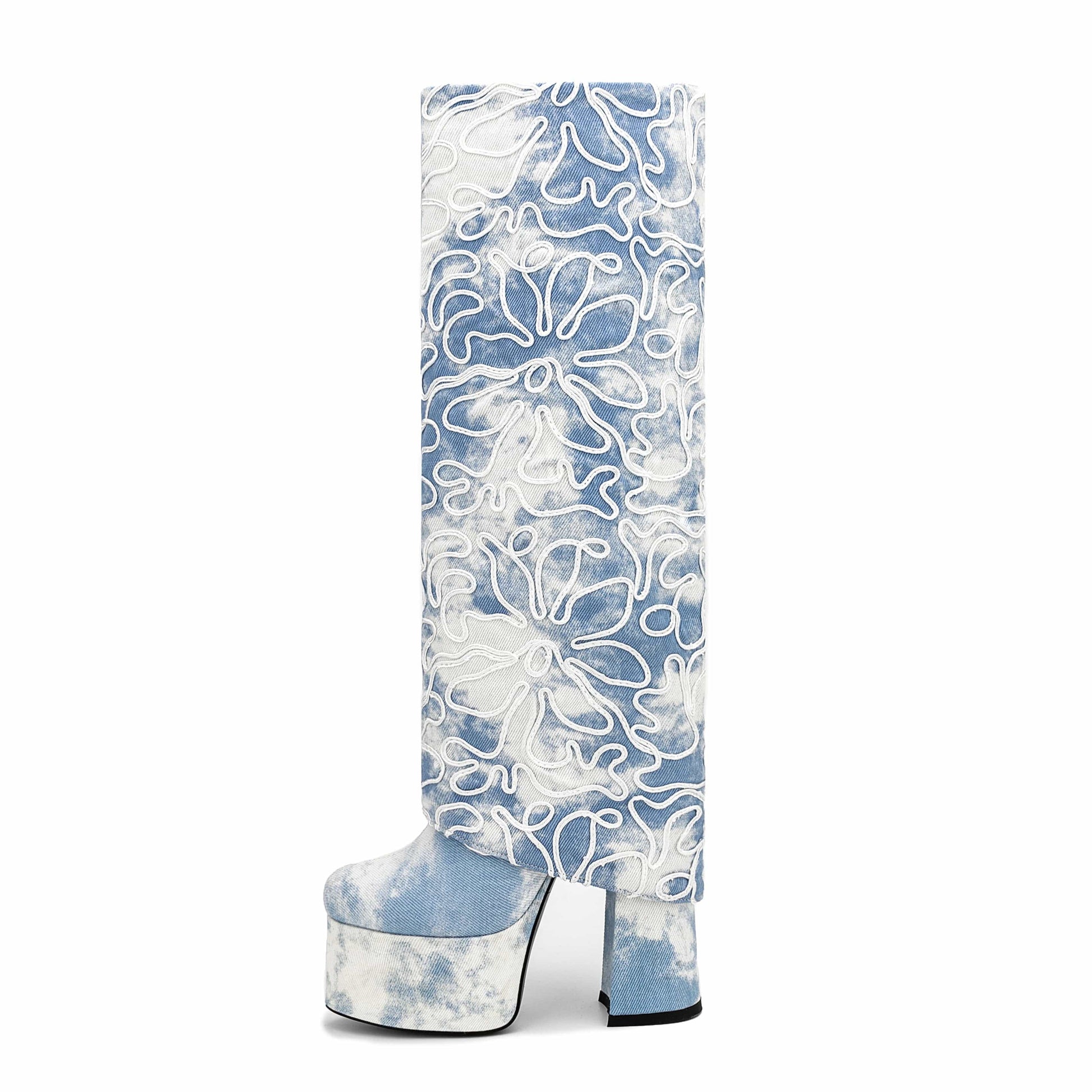 Famous Brand Luxury Diamond Party Shoes For Lady High Heels Denim Boots Square Toe Wide Calf Women Knee High Boots