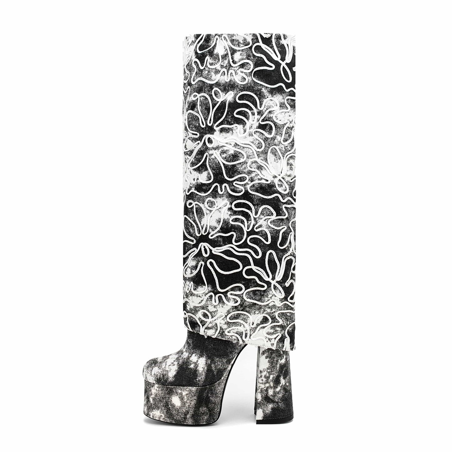 Famous Brand Luxury Diamond Party Shoes For Lady High Heels Denim Boots Square Toe Wide Calf Women Knee High Boots