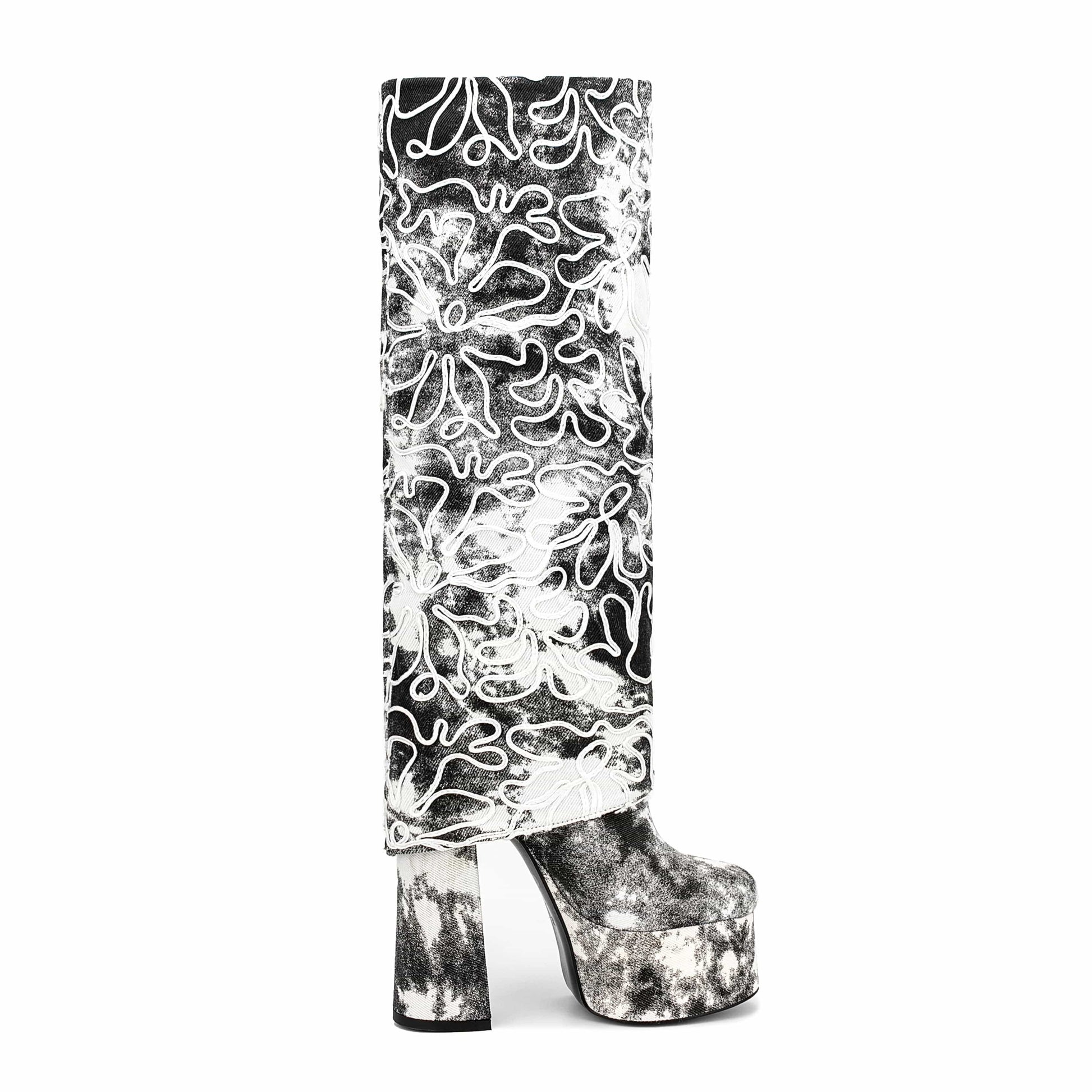 Famous Brand Luxury Diamond Party Shoes For Lady High Heels Denim Boots Square Toe Wide Calf Women Knee High Boots