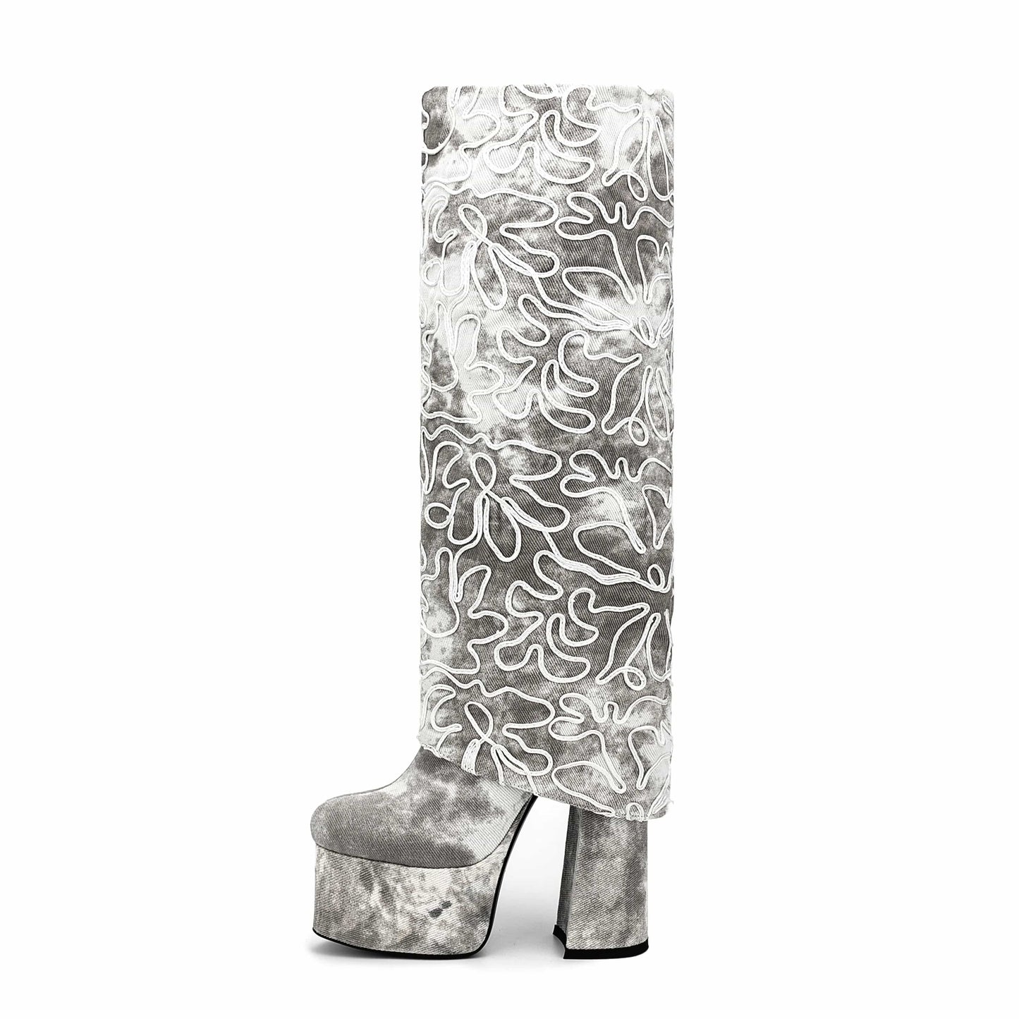 Famous Brand Luxury Diamond Party Shoes For Lady High Heels Denim Boots Square Toe Wide Calf Women Knee High Boots