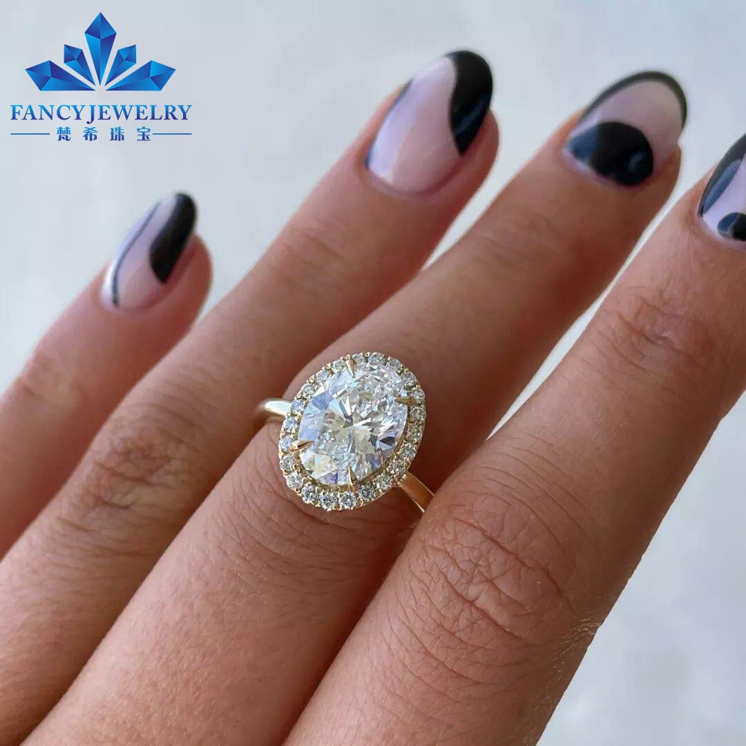 Fancy Jewelry Hot Selling 18K real solid Yellow gold Halo Oval Cut 8x10mm 3 carat center stone moissanite diamond ring